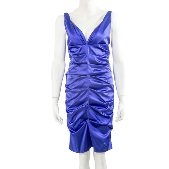 NICOLE MILLER Blue Cocktail Party Dress Pencil Rusched Satin Mew12 Medium - Picture 2 of 6
